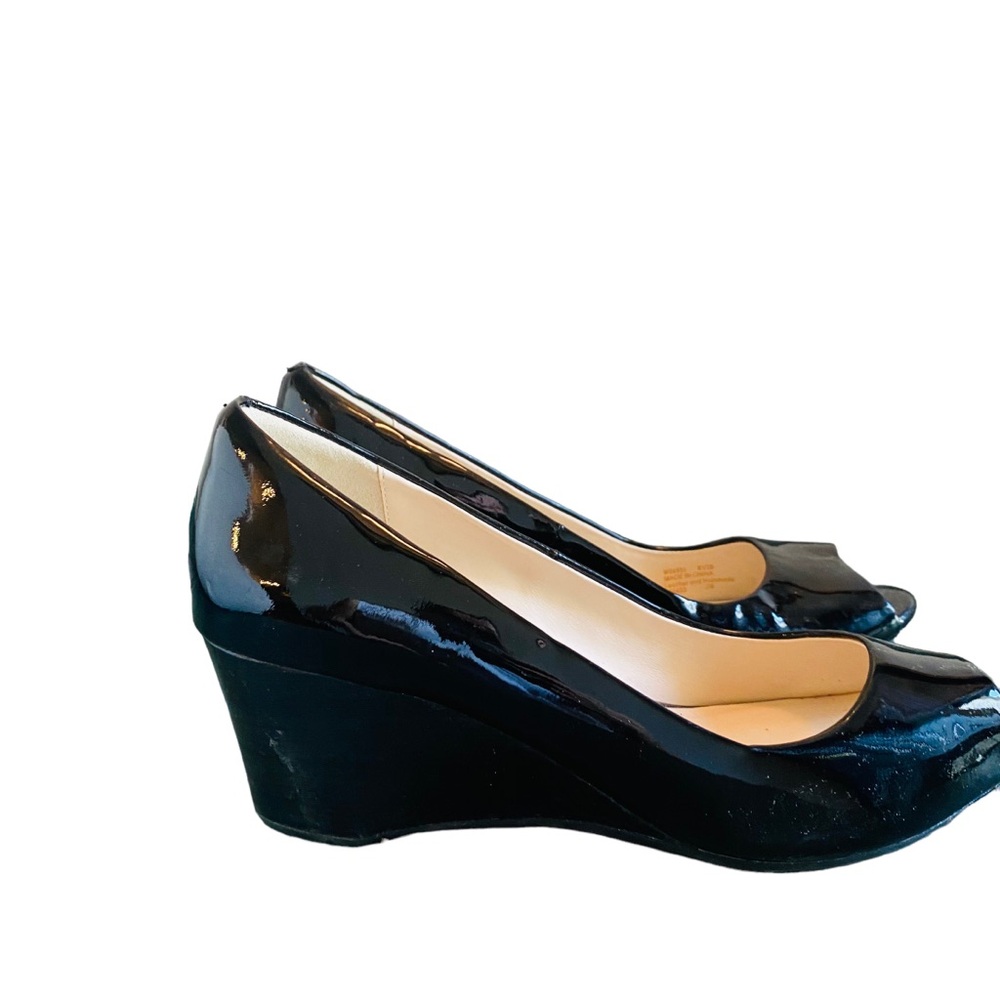 Cole Haan Black Patent Leather Open Toed Wedge Heels 8.5